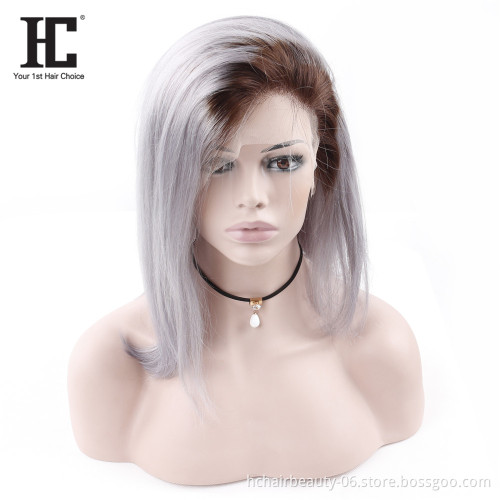 Highest Quality 10a Grade Ombre Dark Root 1B Grey Brazilian Hair Weave 4*4  Short Bob Virgin Human Hair Lace Front Wig